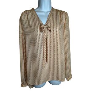Adrienne Vittadini Peach and Brown Striped Blouse Scarf Tie Neck Size Large